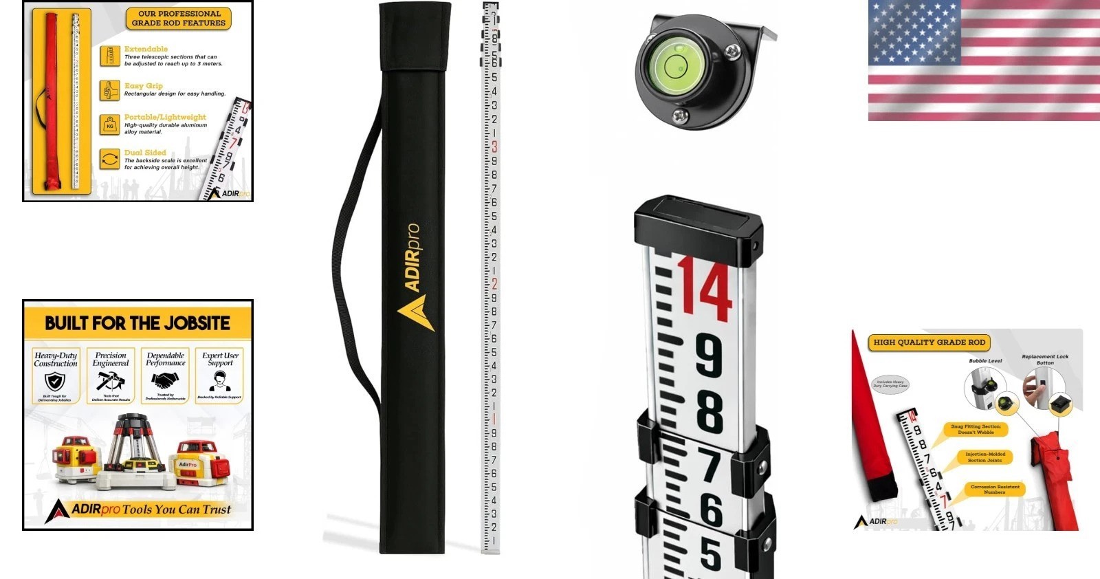 14 ft Telescoping Aluminum Leveling Rod with Bubble Level & Case