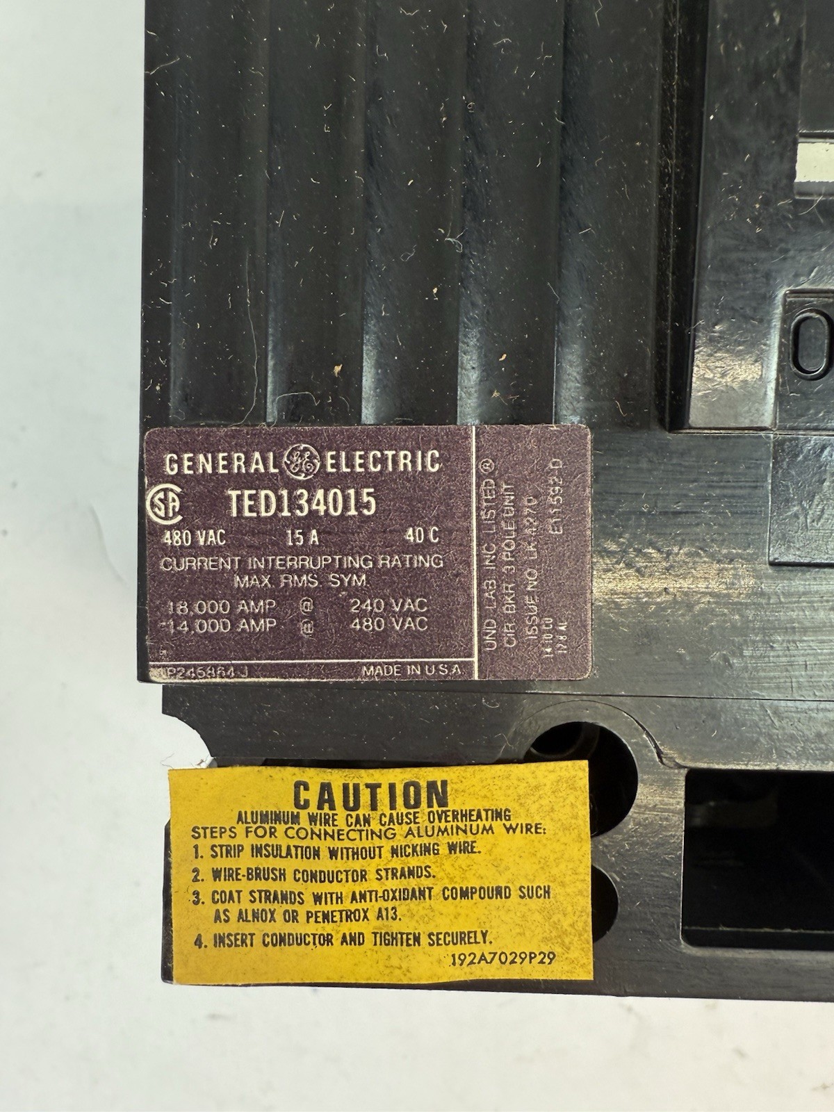 GE TED 134015WL 15A 480/250V 3 Pole Circuit Breaker General Electric