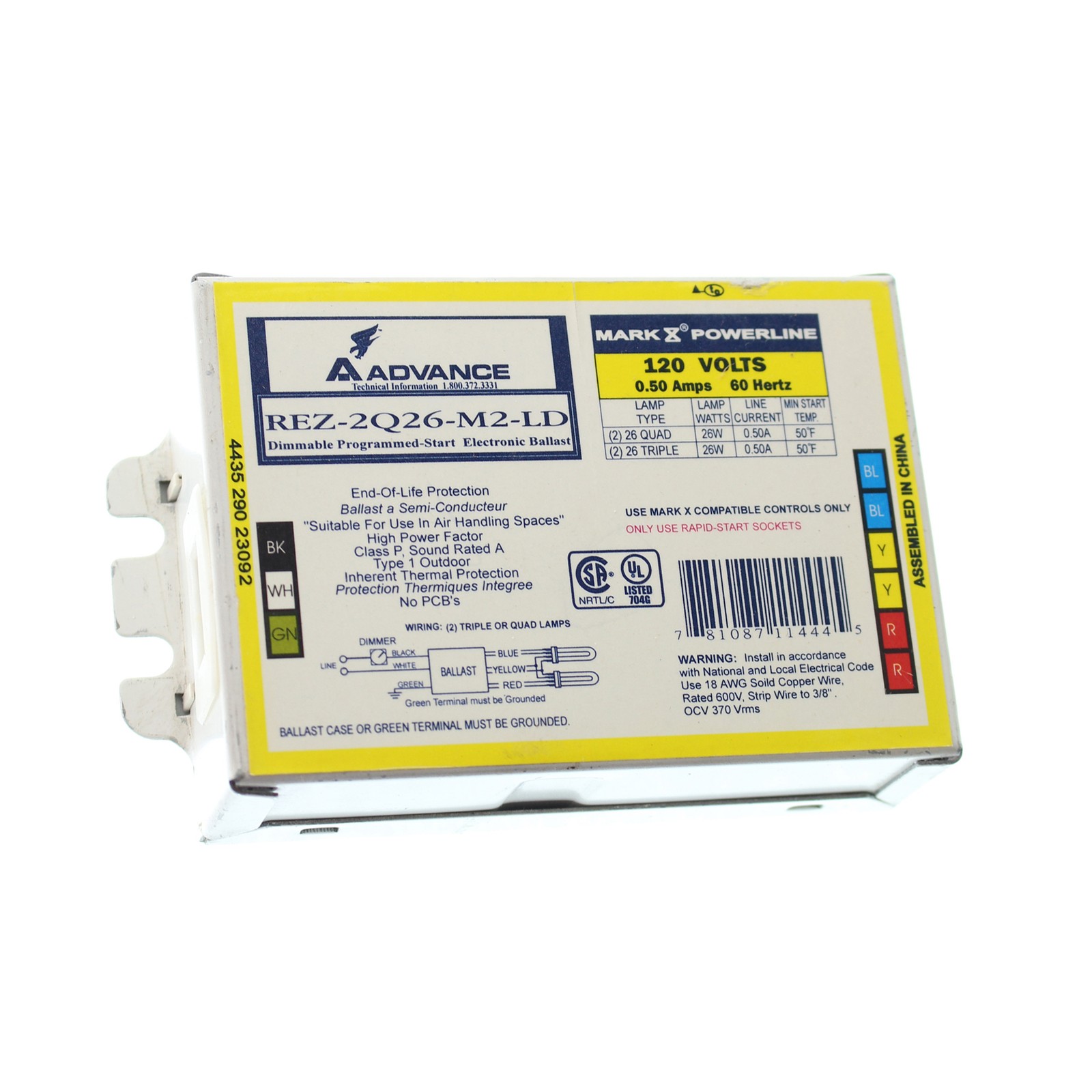 ADVANCE REZ-2Q26-M2-LD FLUORESCENT DIMMING BALLAST, 2-LAMP, CFL MARK-10 26W 120V