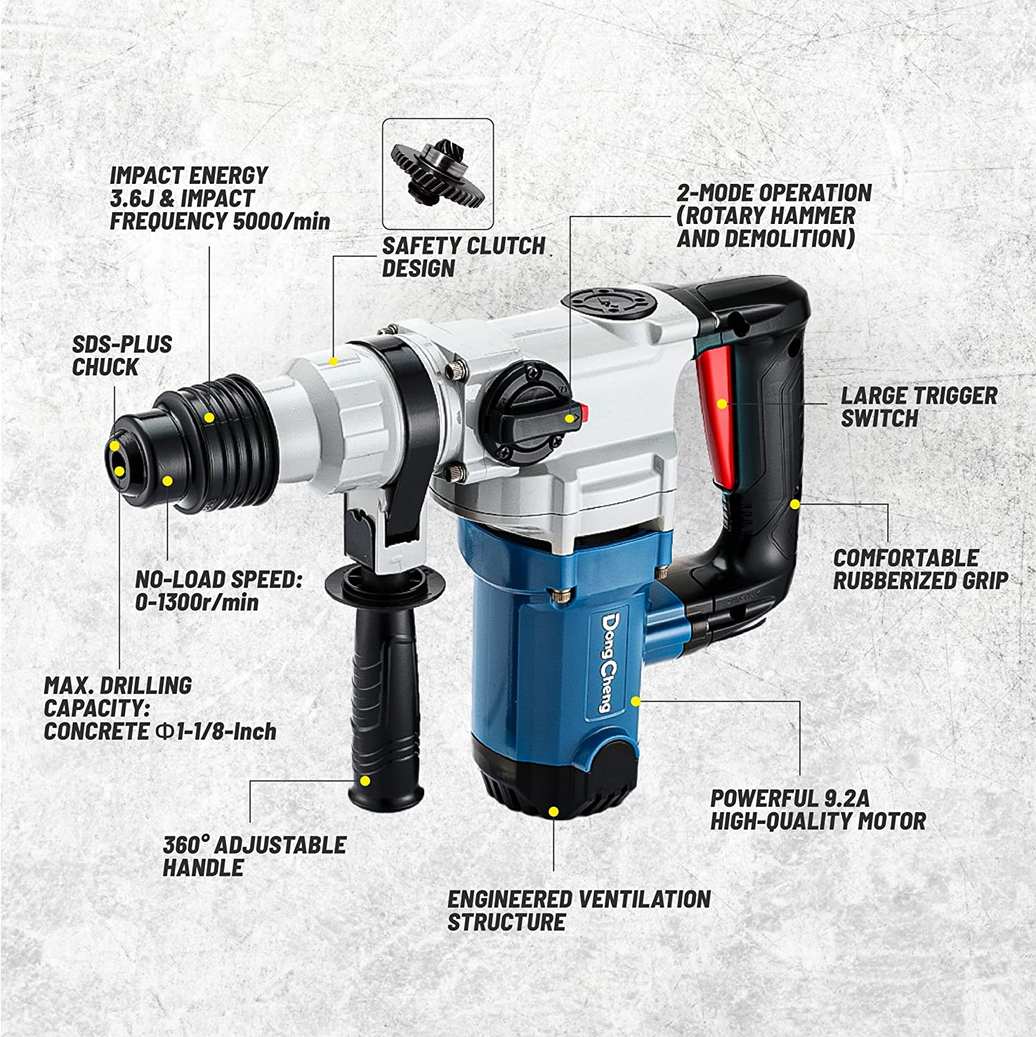 1-1/8 Inch Sds-Plus Rotary Hammer Drill with Safety Clutch, 9.2 Amp Heavy Duty C