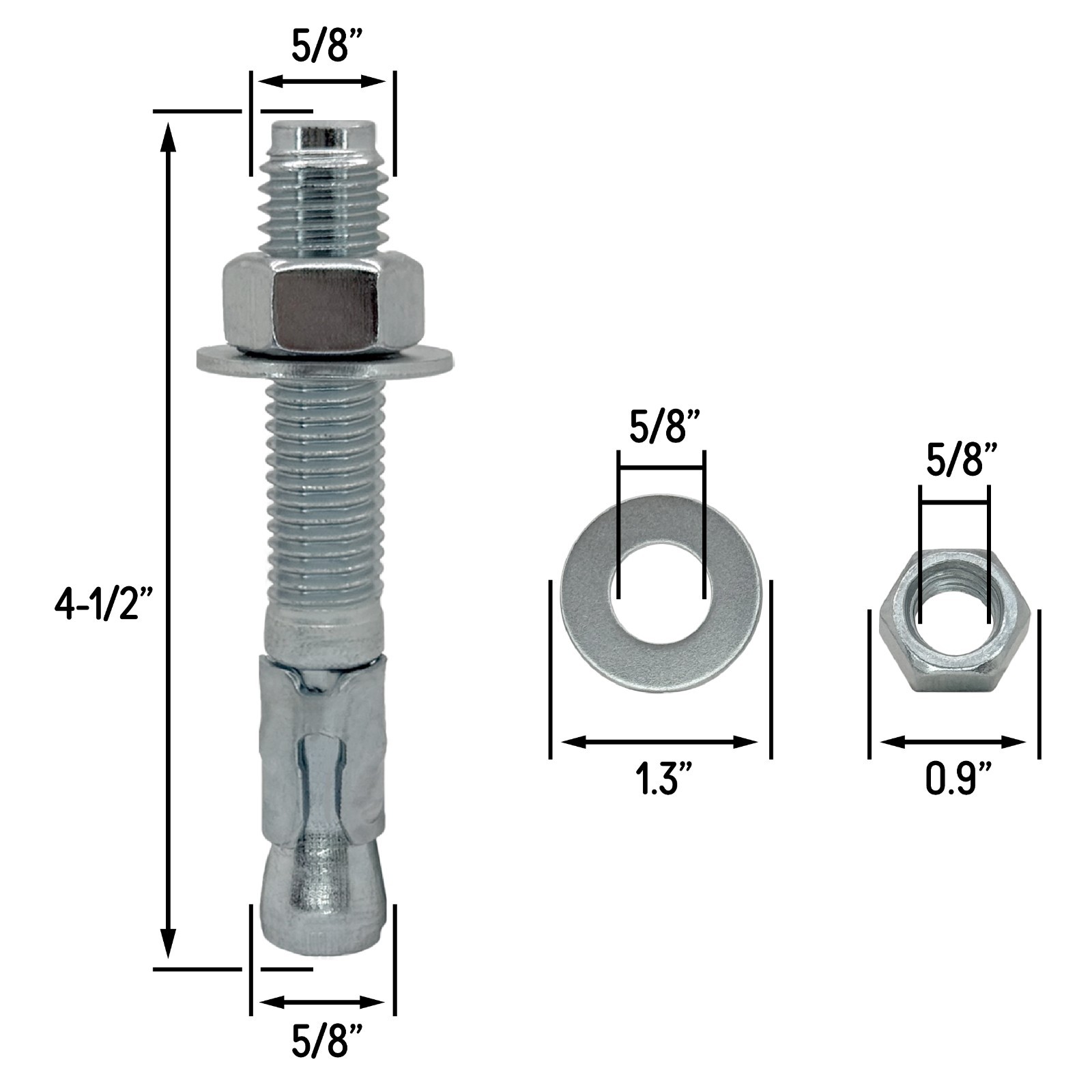 5/8″ x 4-1/2″ Wedge Anchor Bolt Fastener for Concrete Cement – Zinc-Plated (10)