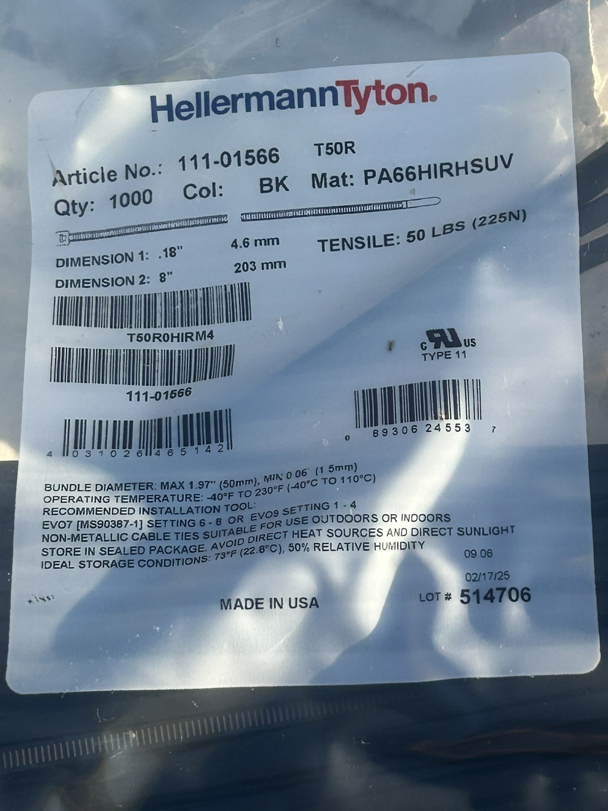 Hellermann tyton 111-01566 8″ cable zip ties (Black) bag of (1000) USA MADE
