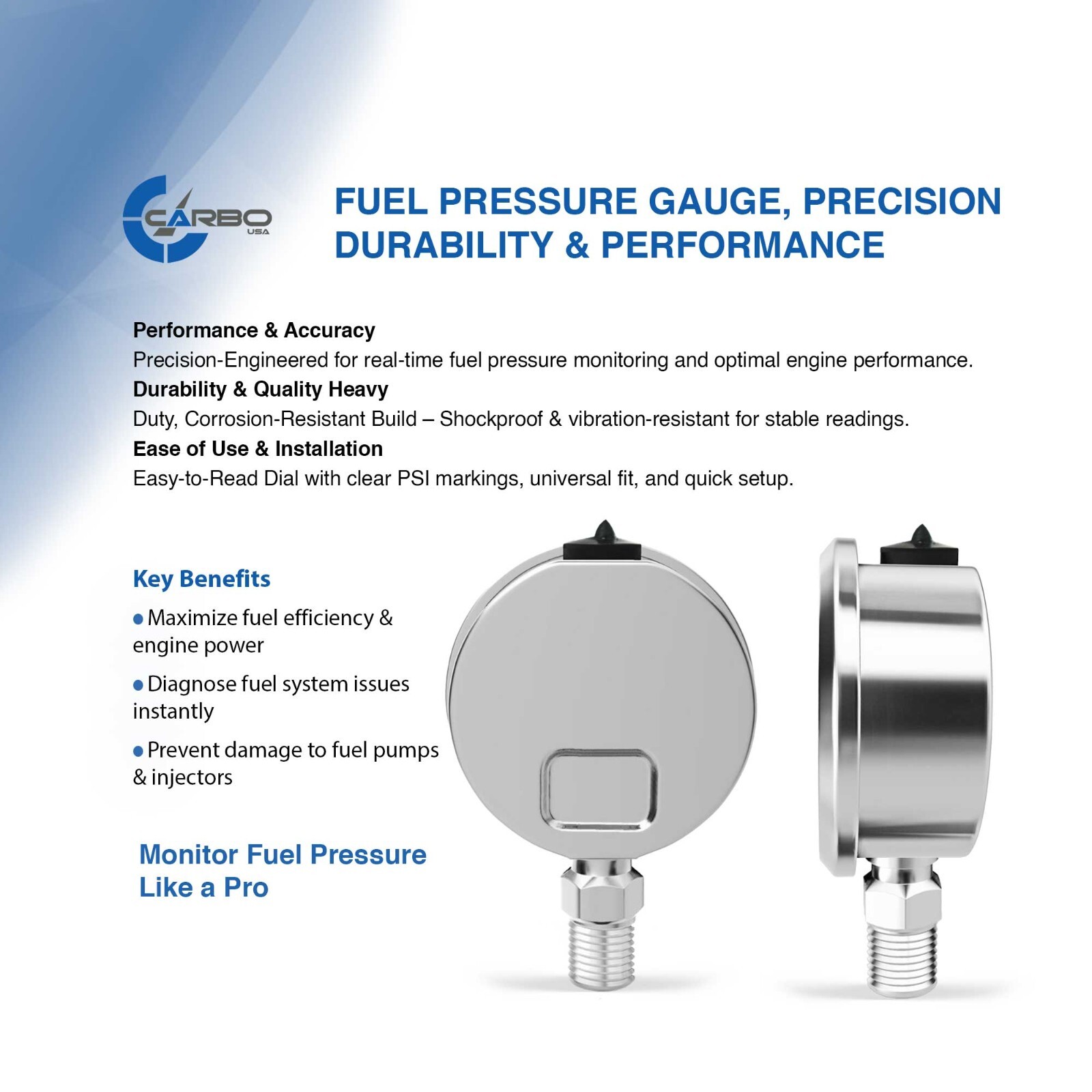 CARBO Gauge 0-15 psi Fuel Pressure Oil Pressure 1.5″ Liquid Filled, White Dial