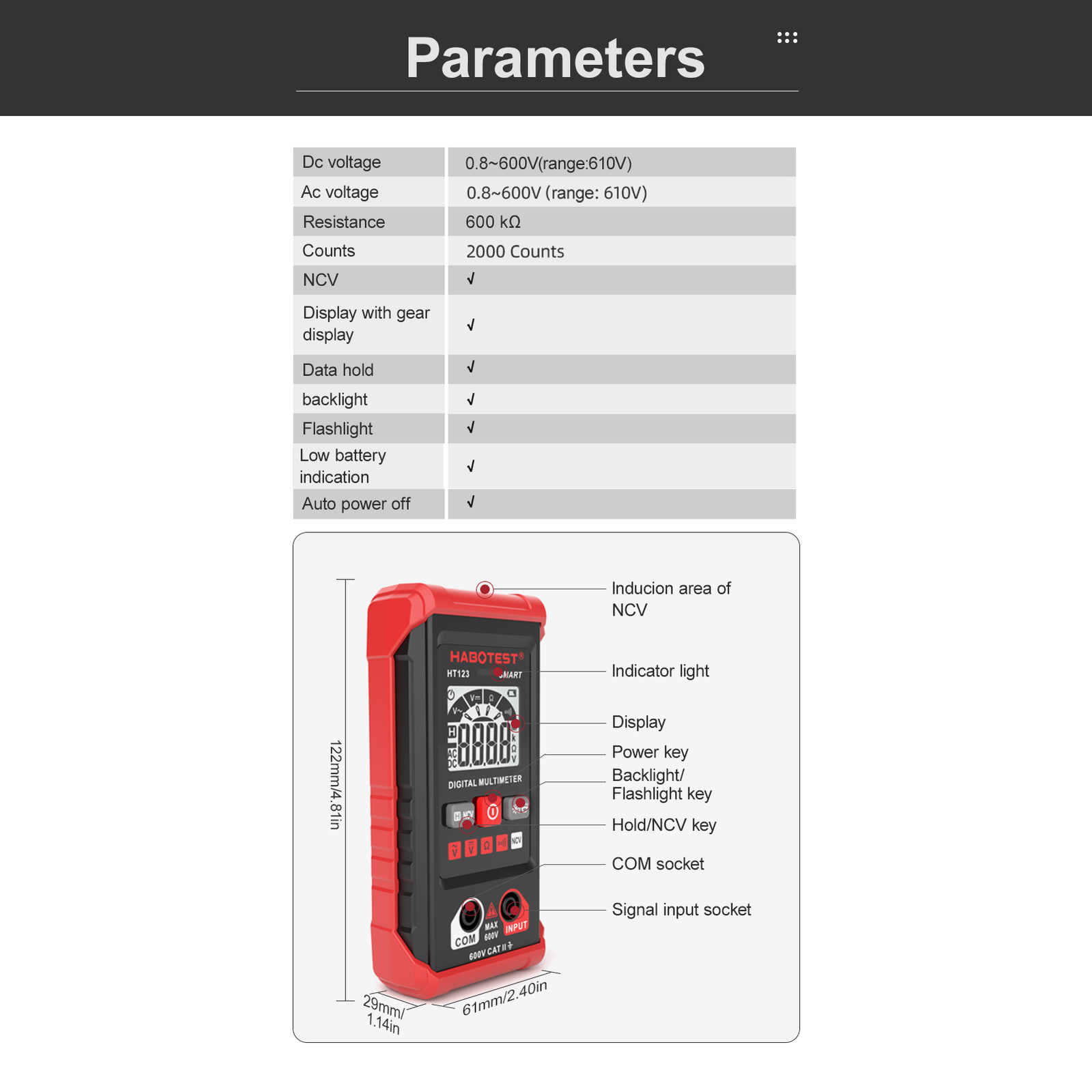 Digital Multimeter Auto Range Multimeter 2,000 Counts Flashlight Data Hold G3T1