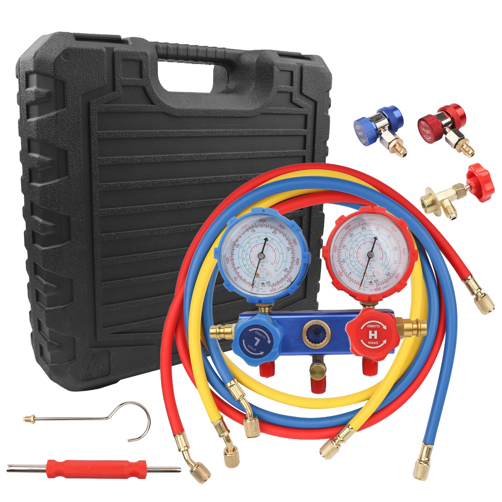 HVAC AC 3 Way Manifold Gauge Set w/ 5ft Hoses R134a R410a R22 R404a Tool Kit