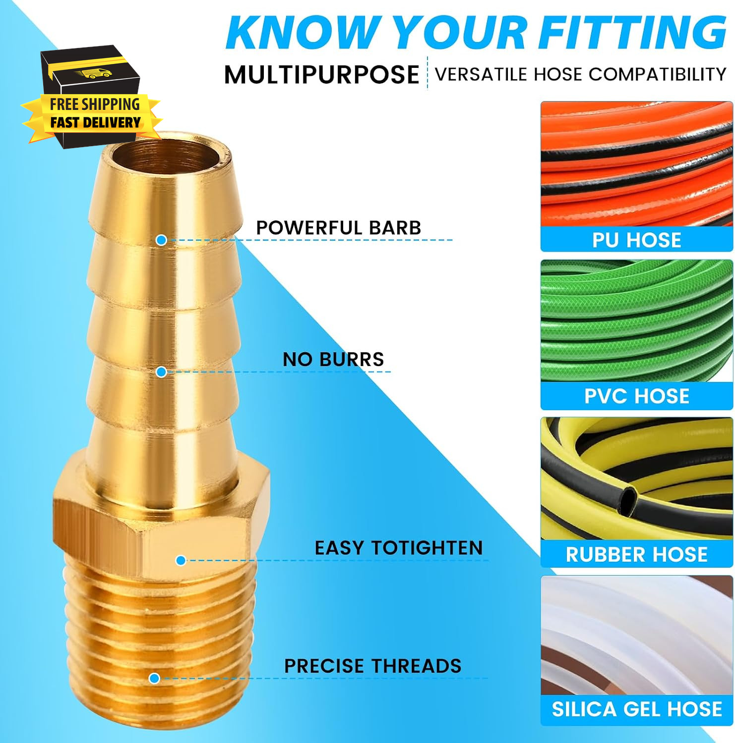 2 Pcs Air Hose Barb Fittings, 1/4 NPT to 3/8 Barb, Barbed Hose Fittings, Male Th