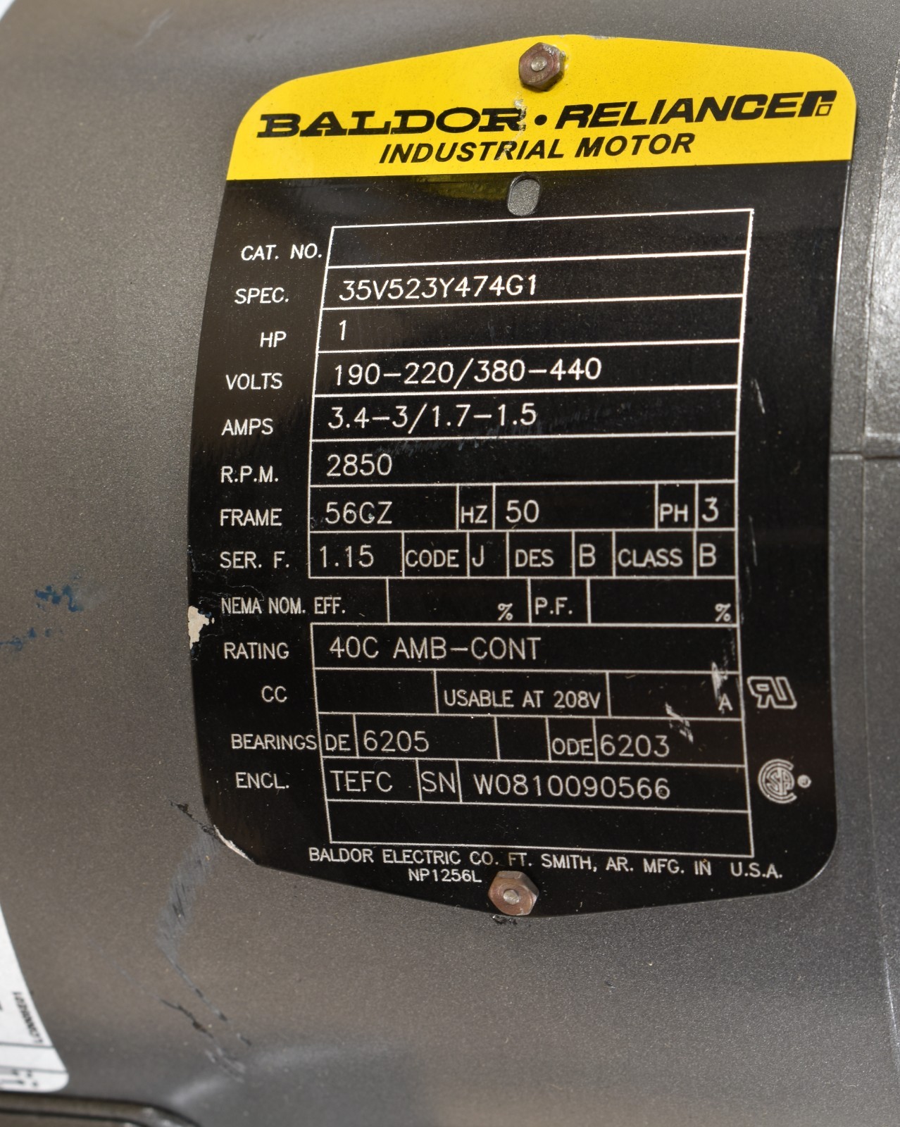 Baldor Reliance 35V523Y474G1, 1 HP Induction Motor w/ Blower, 208-230V, 3 Phase