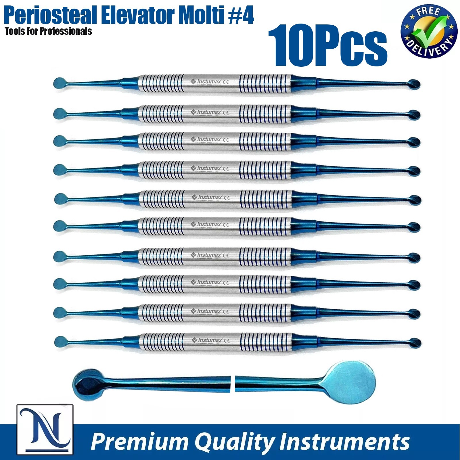 X10 Dental Periosteal Elevator Molt # 4 Blue Titanium Coated Double Ended German