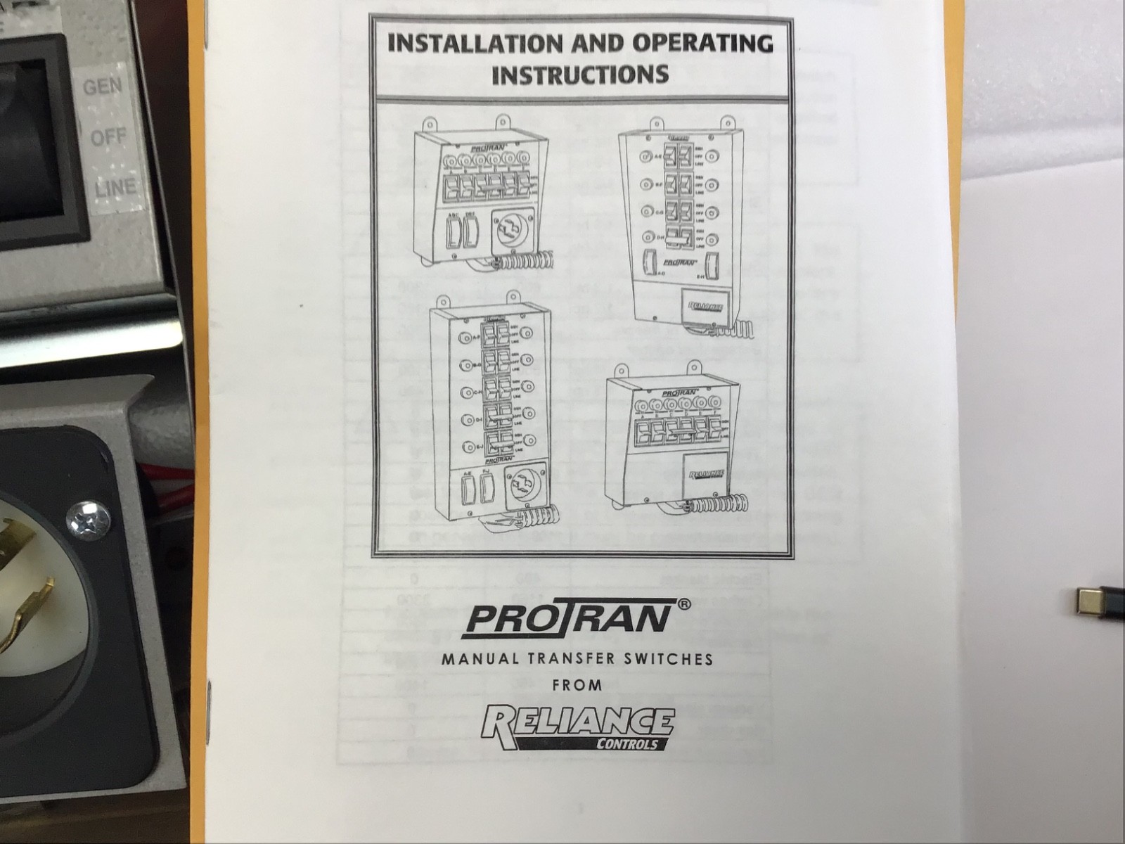 Reliance Controls ProTran 20216 A Manual Transerfer Switch Portable Generator