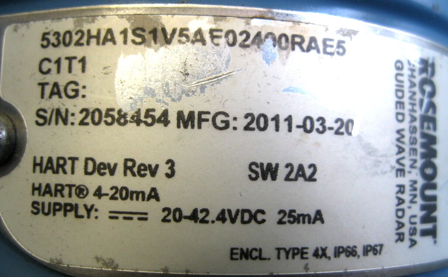 Rosemount 5302 HA1S1V5AE02400RAE5C1T1 Radar Level 5300 Transmitter Mfg 2011 C7