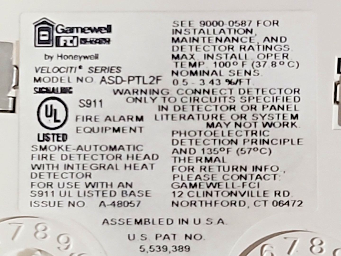 Honeywell Gamwell ASD-PTL2F S911 Smoke Detector Head Fire Alarm Sensor – NEW