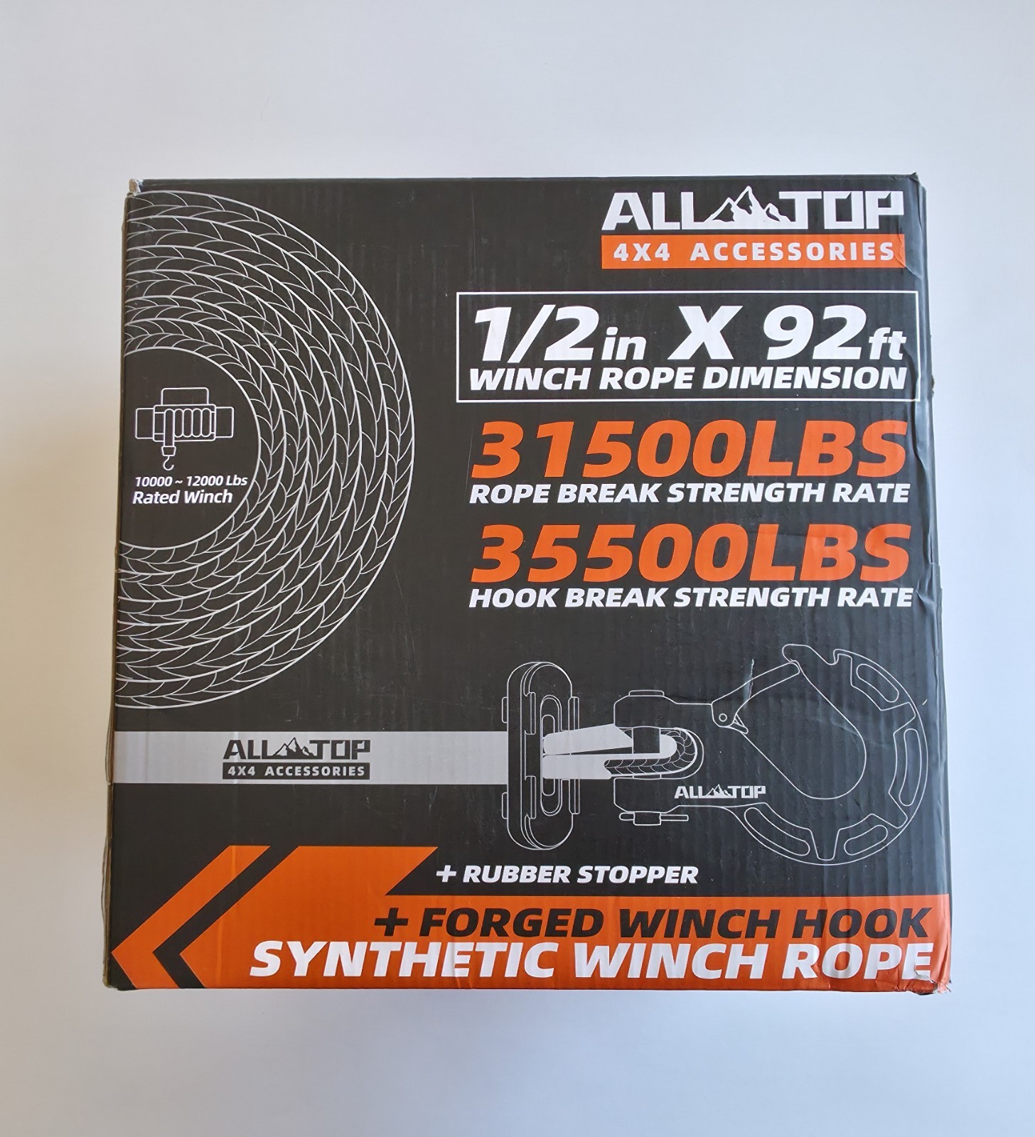 All-Top Synthetic Winch Rope Cable Kit 1/2in x 92ft 31500Lbs Heavy Duty Hook
