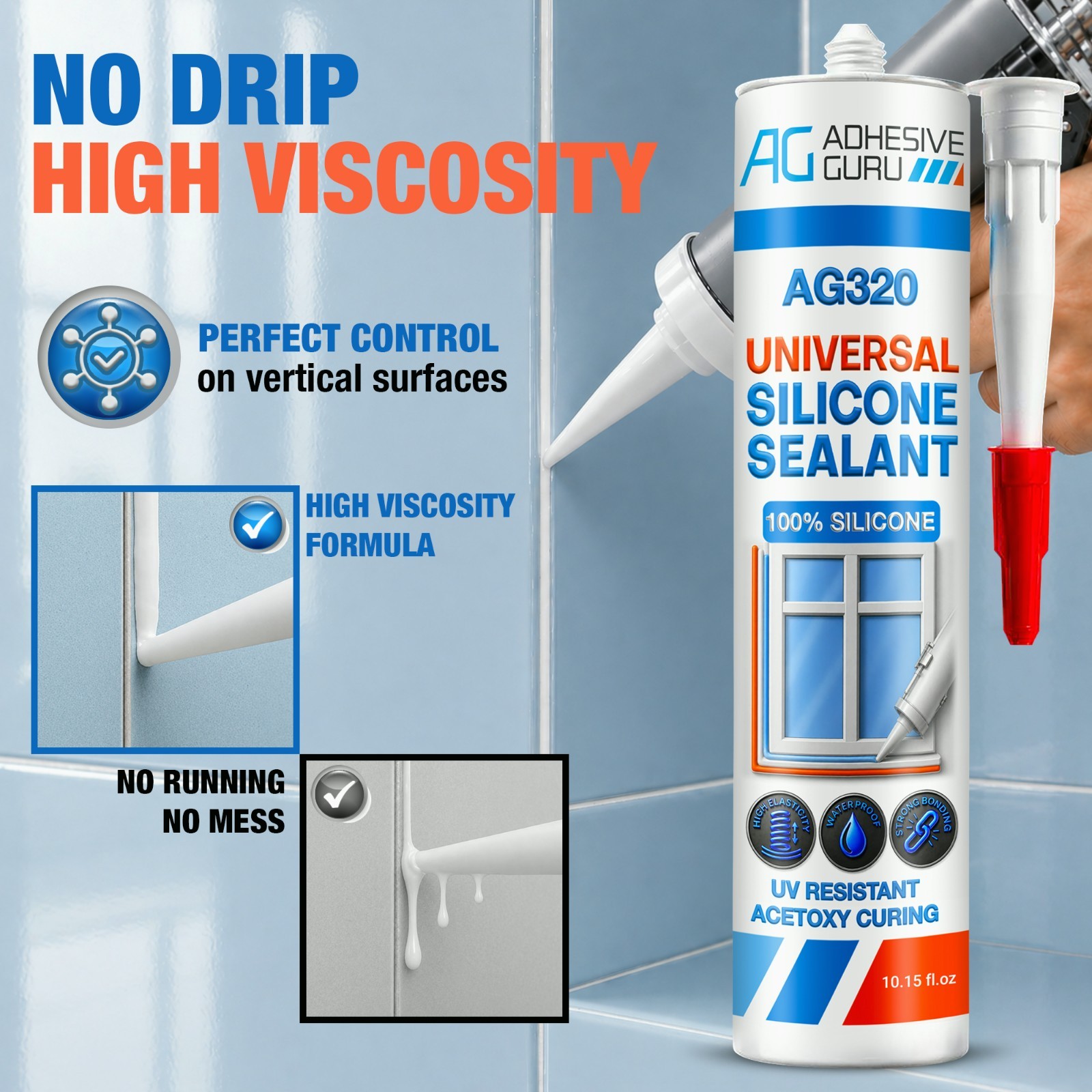 Adhesive Guru Universal Silicone Sealant Fast Cure, 10.15 fl.oz. 12 Pack