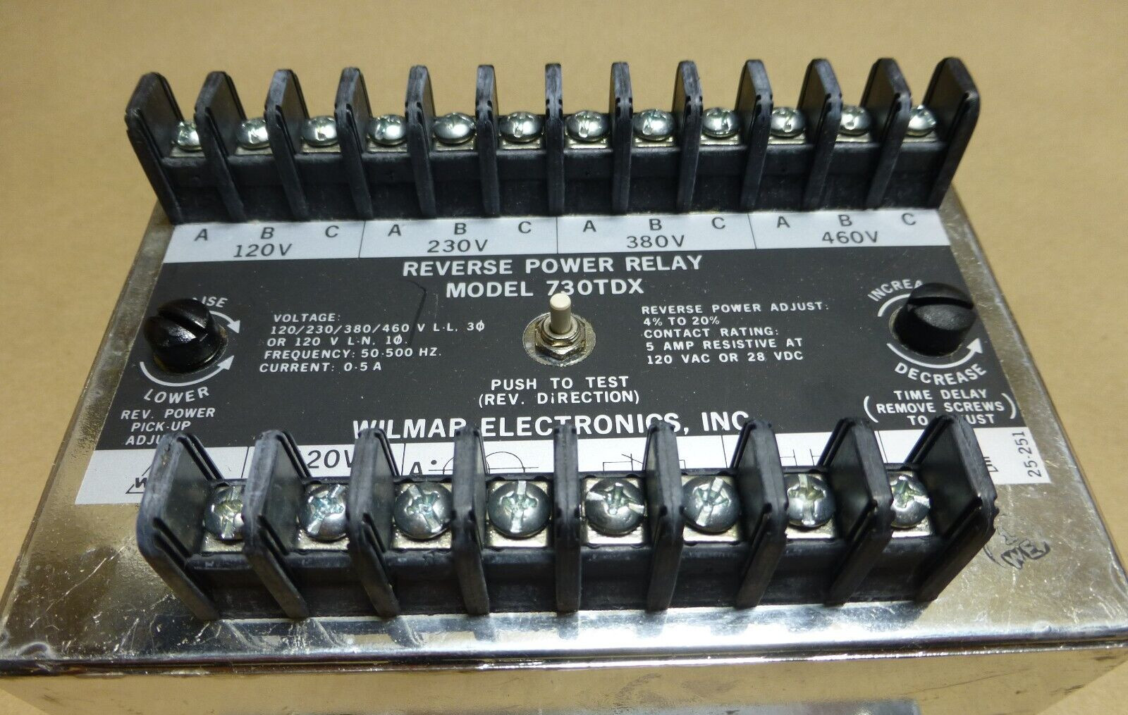 Wilmar Electronics 730TDX Reverse Power Relay , 50-500Hz , 120V-460V , 0-5A