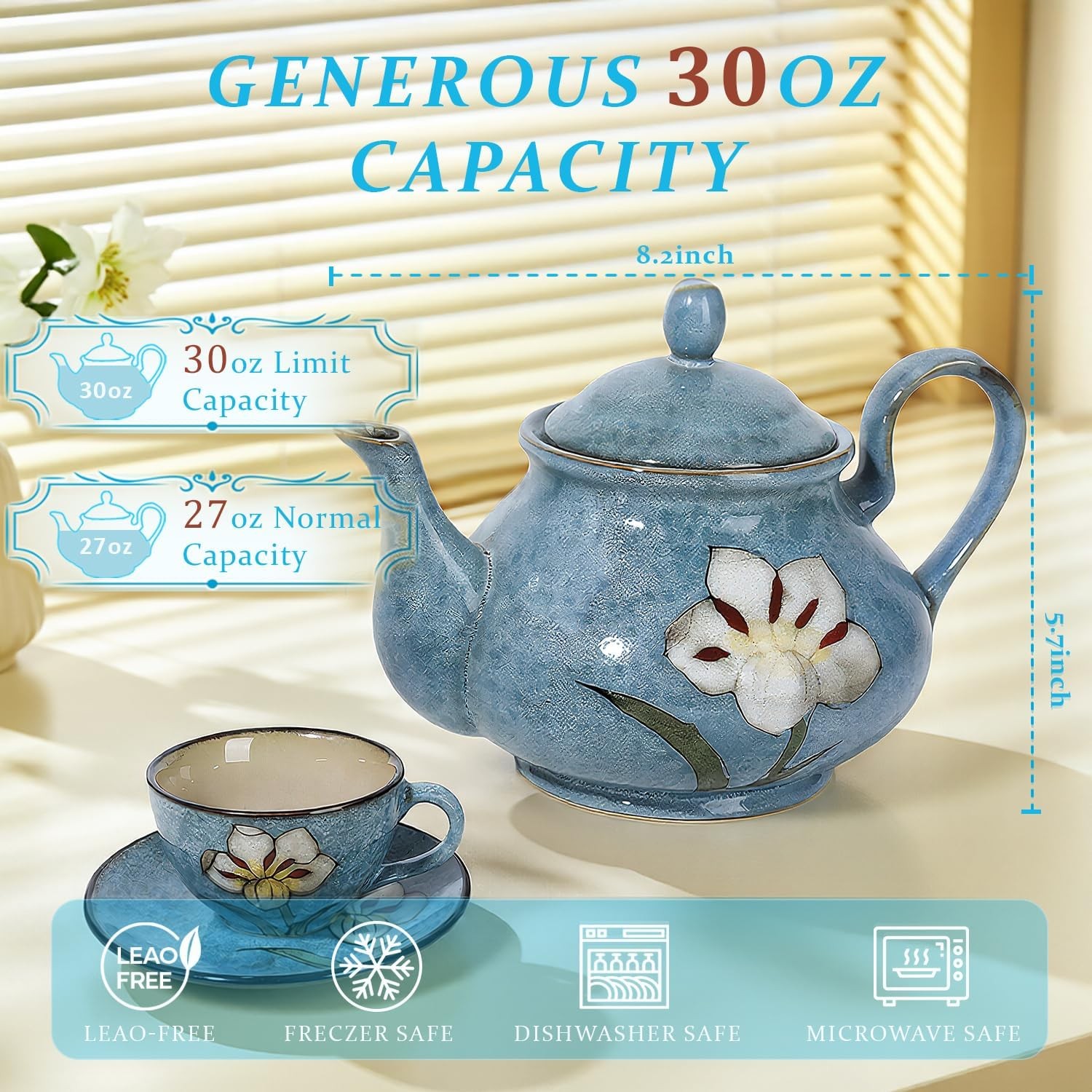 Ceramic Teapot 30 oz, Under-Glaze Hand-Painted Porcelain Tea Pot for Blooming