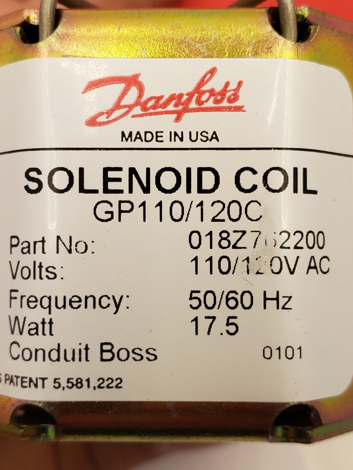 DANNFOSS 018Z762200 GP110/120 110/120 VAC 50/60HZ 17.5W SOLENOID COIL NIB