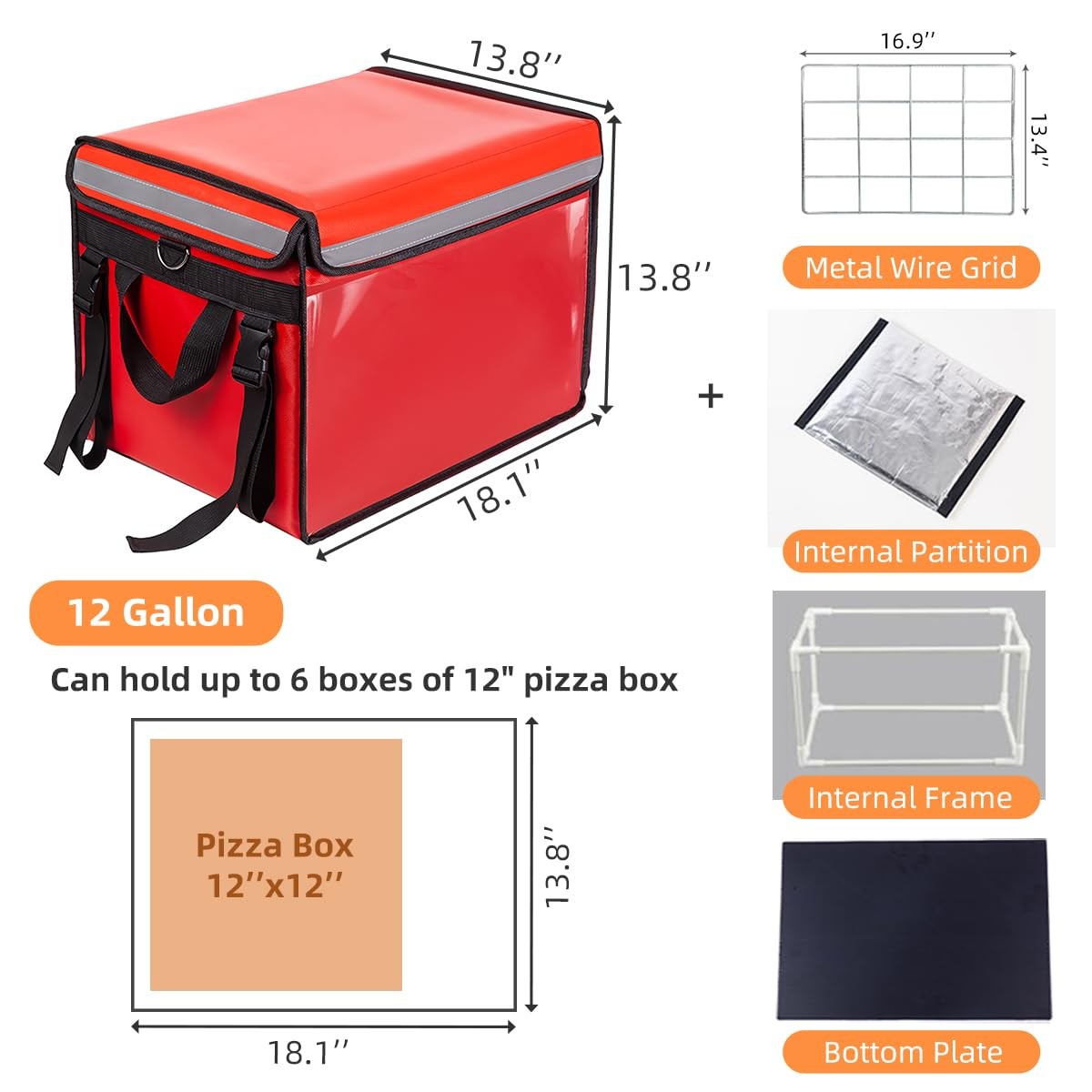 Red Large Insulated Food Delivery Bag For Pizza Catering 18.1×13.8 In