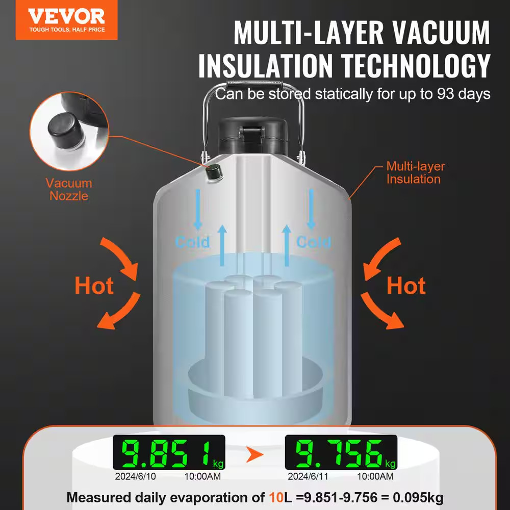 Liquid Nitrogen Tank 10 L Aluminum Alloy LN2 Container Dewar 6 Canisters, Carry