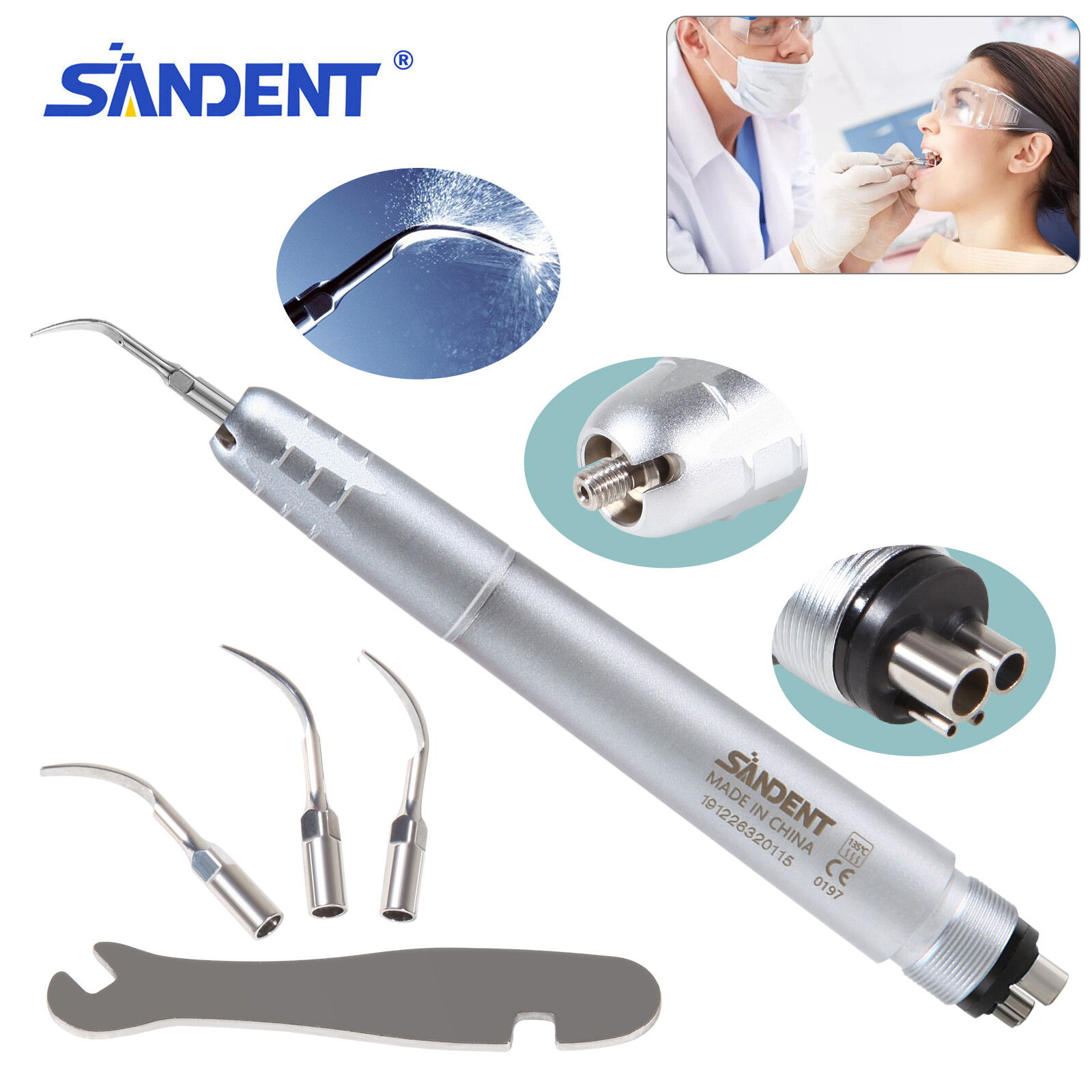 Dental Ultrasonic Air Scaler Handpiece 4 Hole +Scaling Perio Tips G1,G2,G4 SA