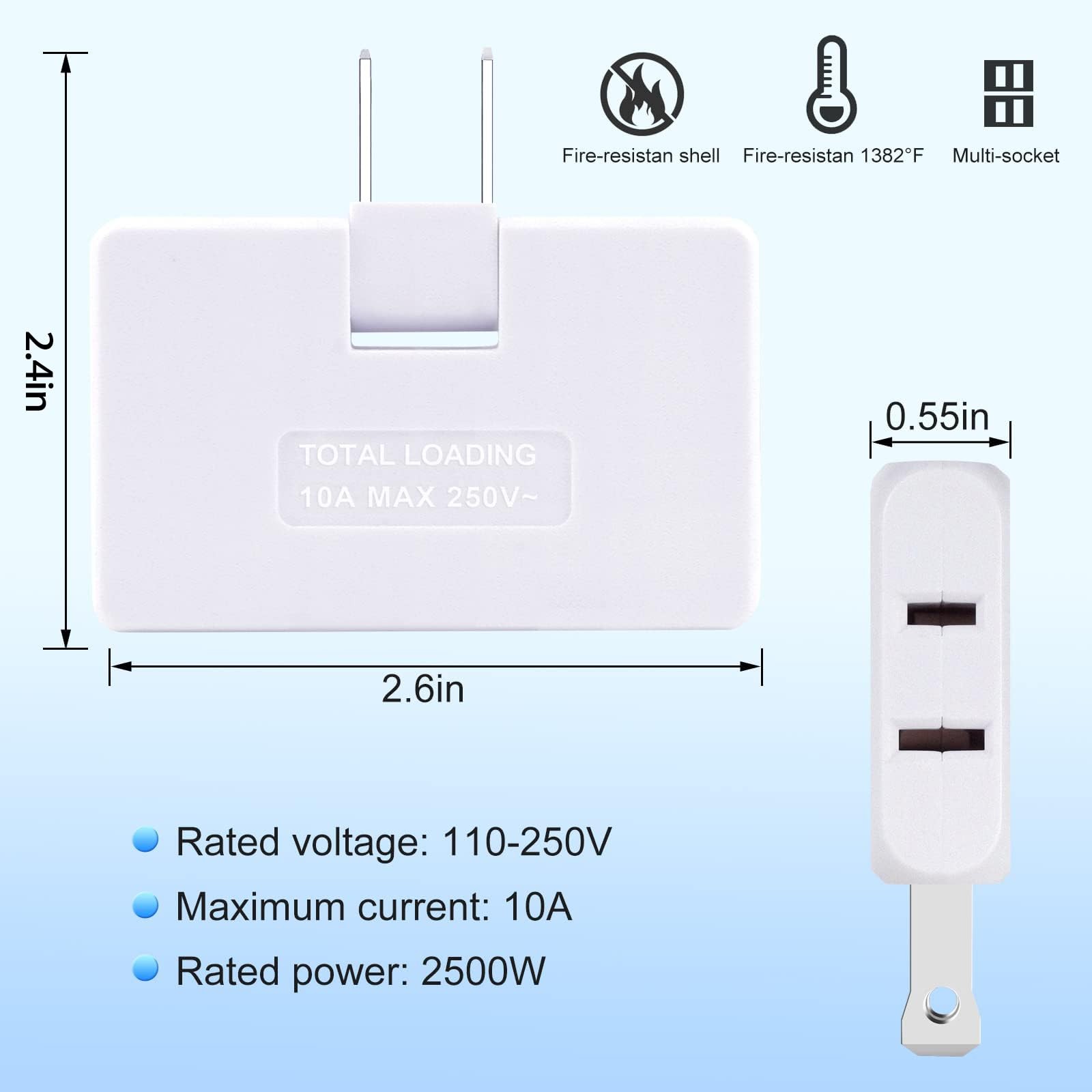3 Pack AC Flat Wall Outlet Extender Plug Adapter Outlet, 3 Piece, White