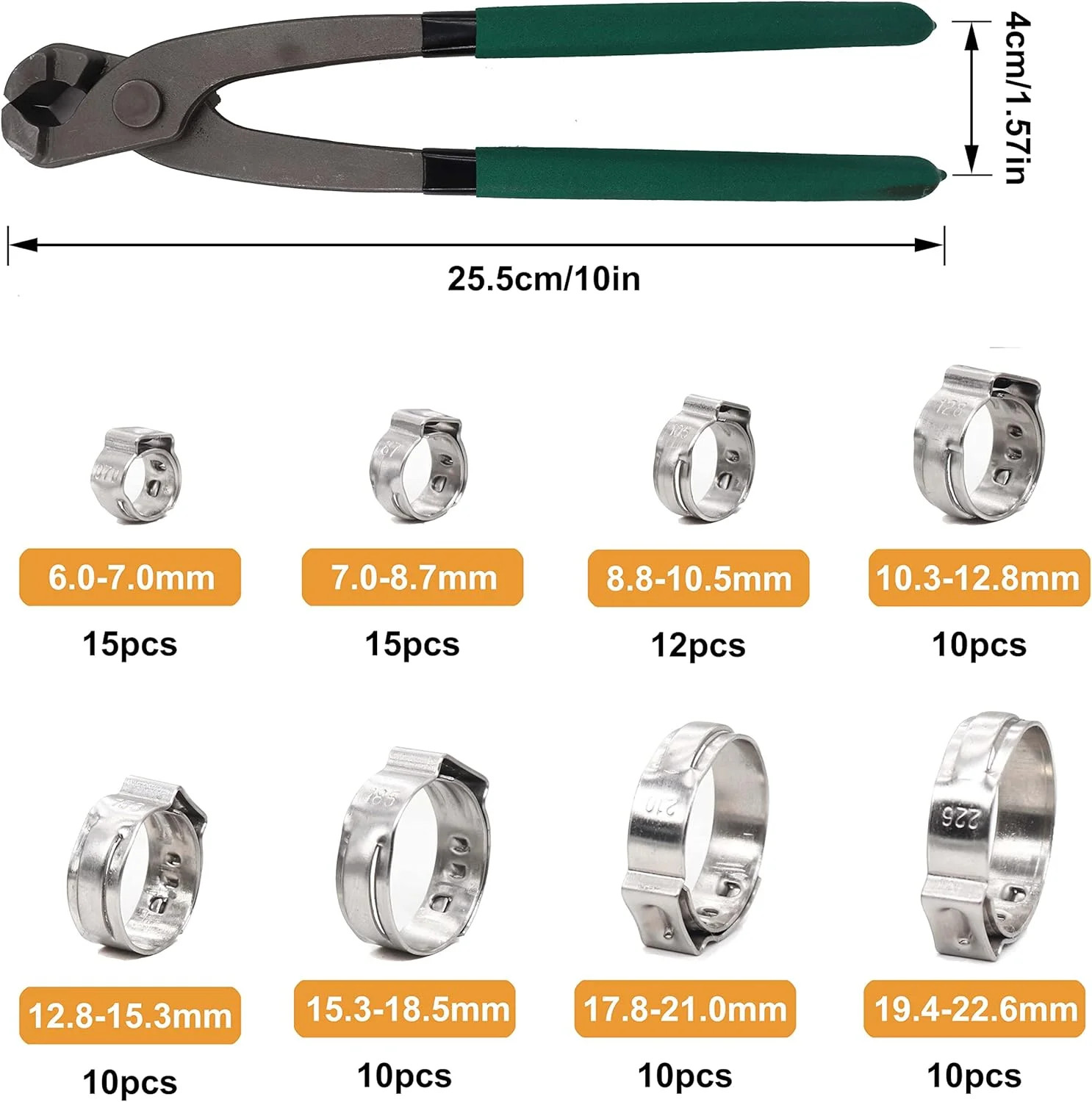 92PCS Single Ear Oetiker Hose Clamps 6-22.6mm w Plier Gloves Stainless Steel Kit