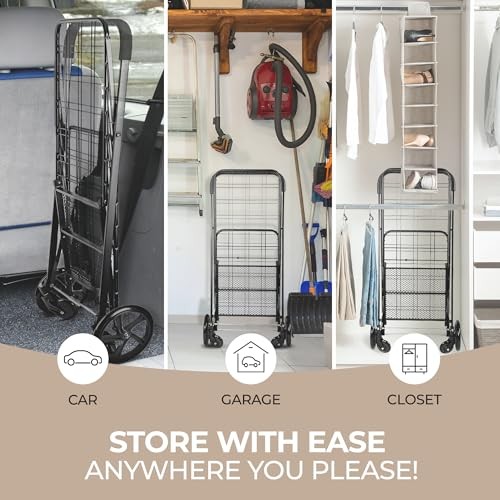 SereneLife Portable Folding Utility Cart with 360° Swivel Wheels (Black)