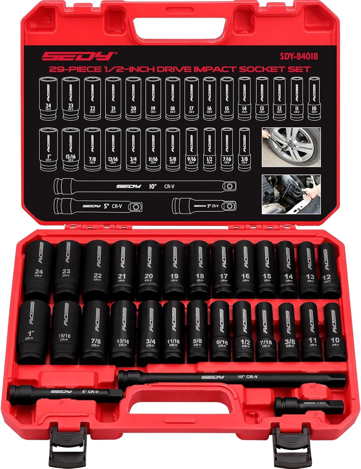9-Piece 1/2″ Drive Impact Socket Set, SAE (3/8 to 1 inch) and Metric (10-24mm)