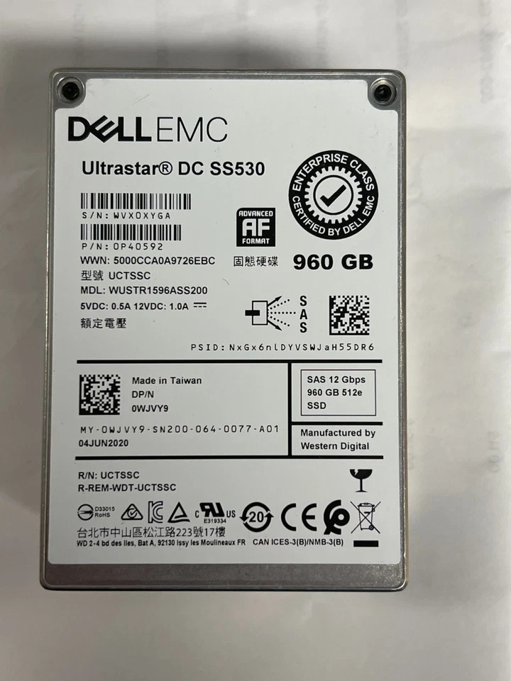 0WJVY9 WJVY9 Dell EMC 960GB 2.5″ SAS 12Gb/s Read-Intensive SSD 14/15/16G KIT