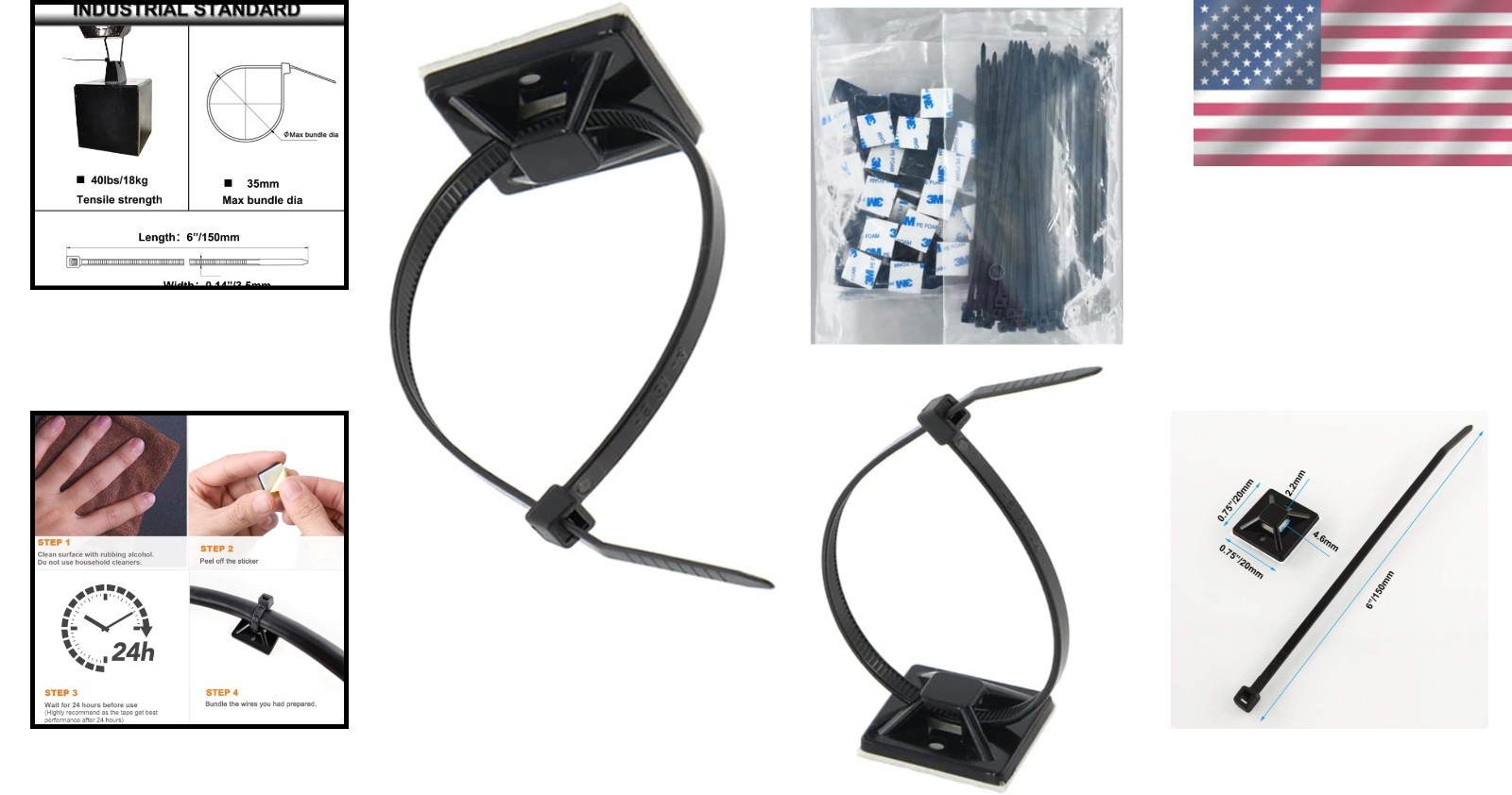 Weatherproof Cable Management Clips with 6″ Zip Ties – 100 Durable Adhesive Sets