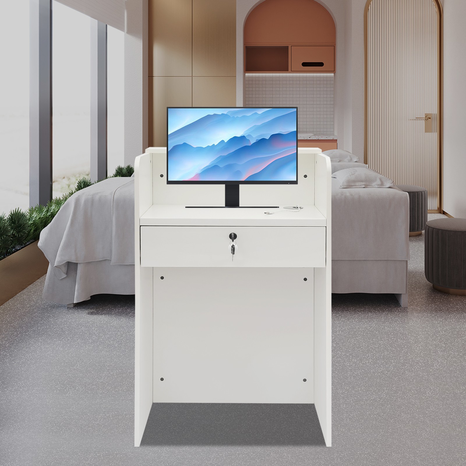 Reception Desk with LED Light, Checkout Counter Reception Desk W/ Storage Drawer