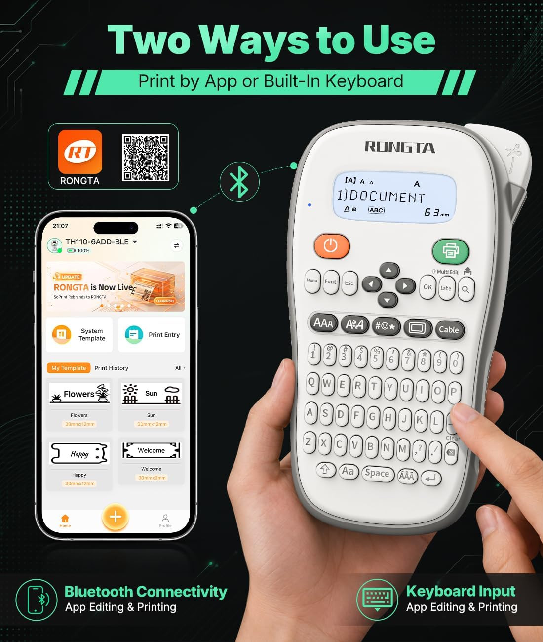 TH110 Bluetooth Handheld Label Maker Machine with 1 Tape, QWERTY Keyboard Portab