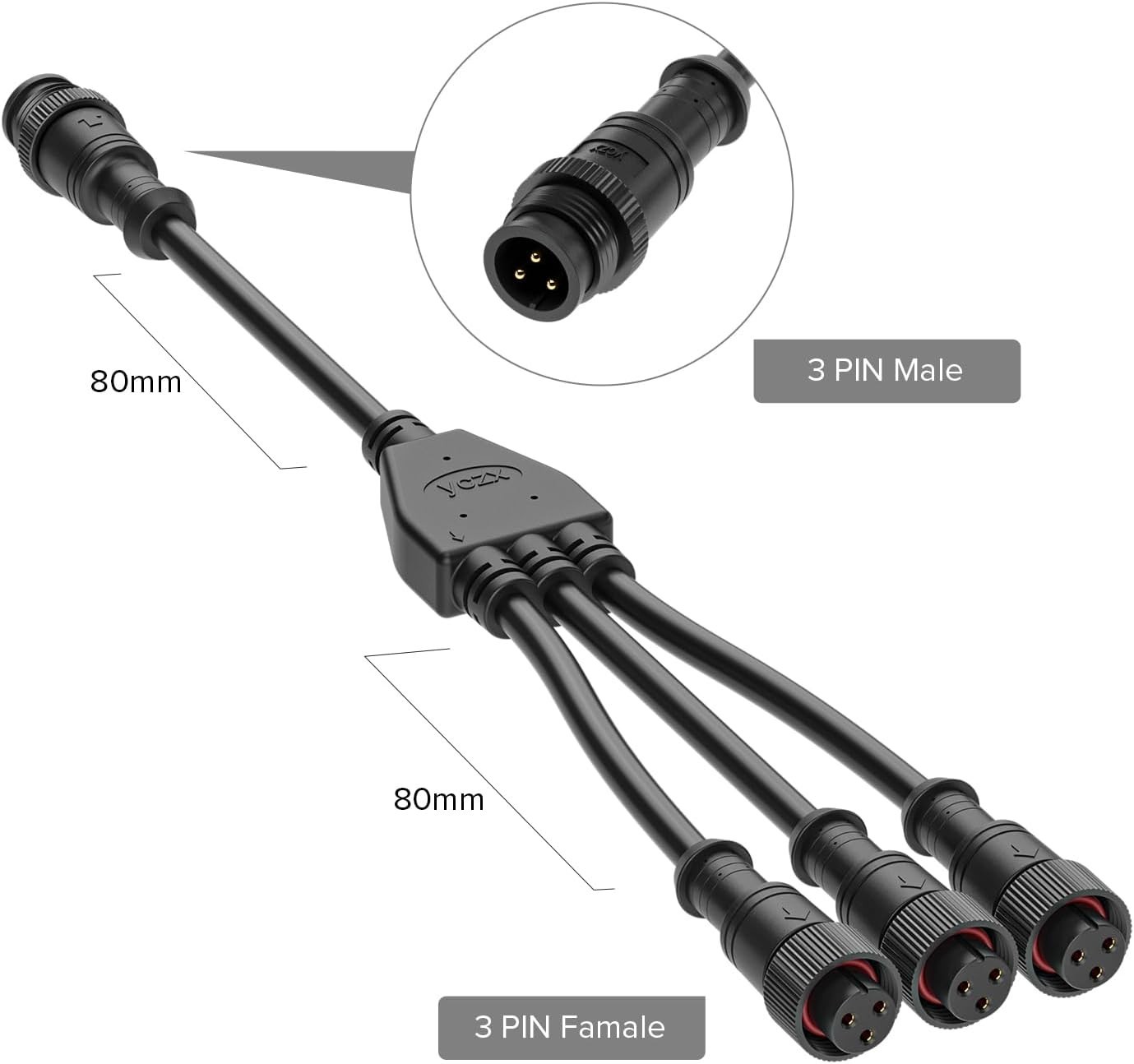 Weatherproof 3-Pin Y Splitter Connector for LED Lights – 1 Male to 3 Female