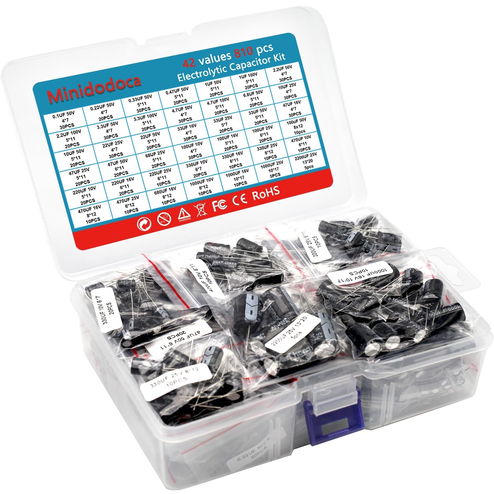42 Values 810 Pieces, 0.1uF-2200uF, 10V 16V 25V 50V 100V, Electrolytic Capaci…