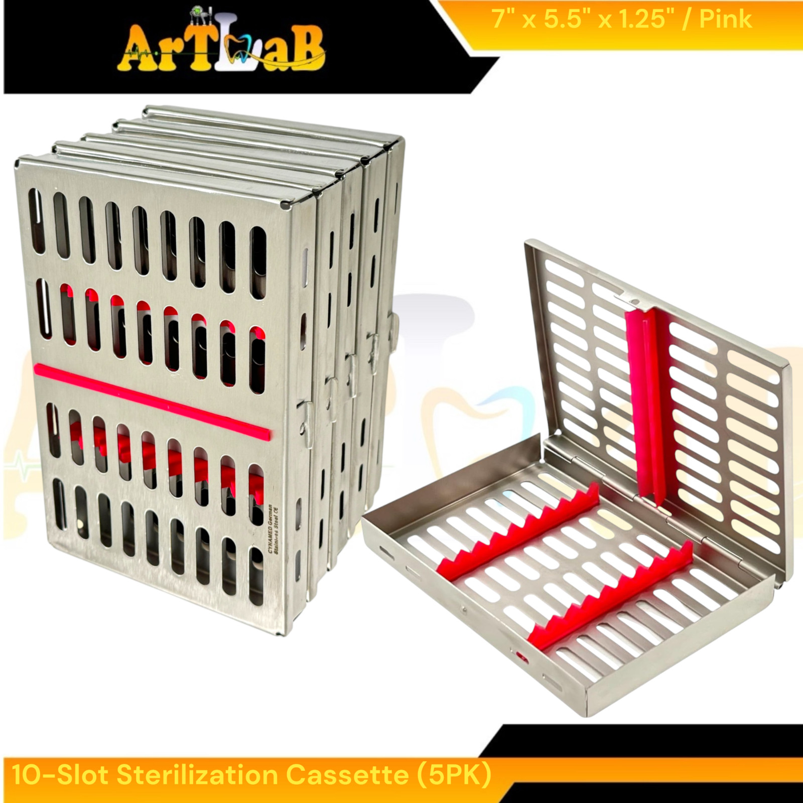 7in x 5.5in x 1.25in Sterilization Cassettes with 10-Slot Inserts Pack of 5