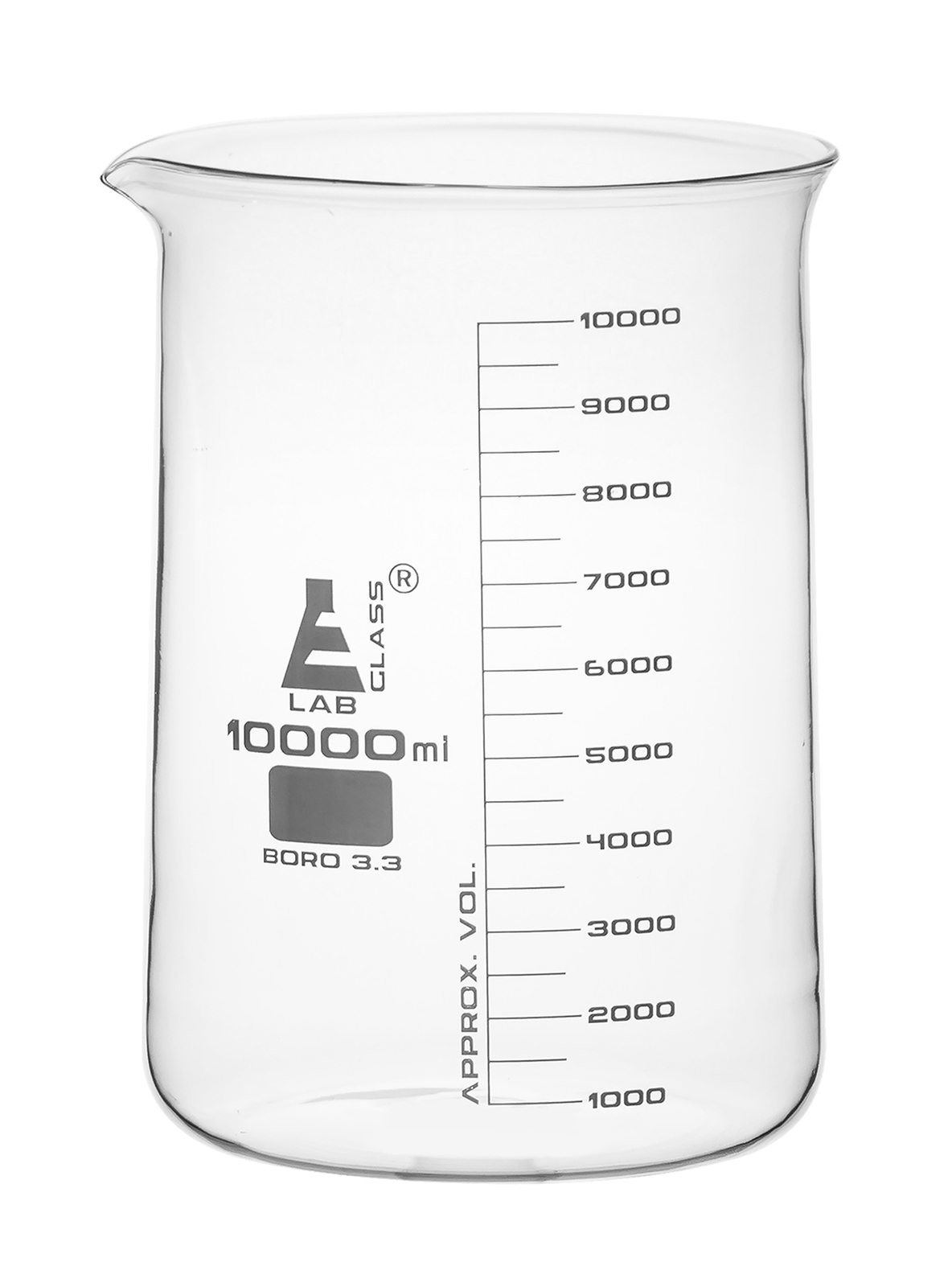 Beaker, 10,000ml – Low Form, White Graduations – Borosilicate Glass – Eisco Labs