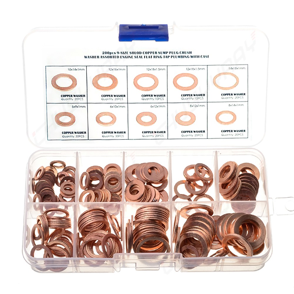 200PC M5-m14 Copper Washers Gasket Set Flat Ring Seal Kit With Plastic Box