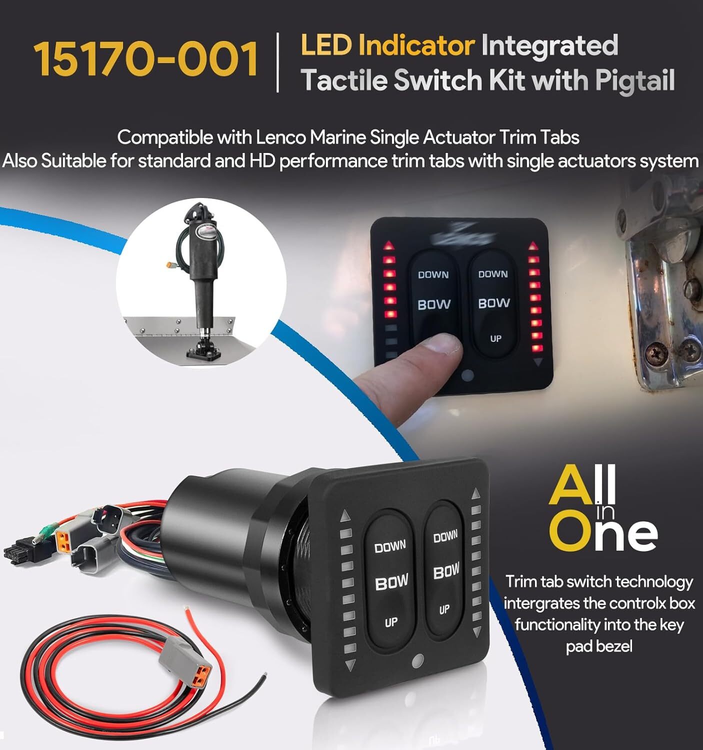for Lenco 15170-001 Single Actuator LED Indicator Trim Tab Switch Kit W/ Pigtail