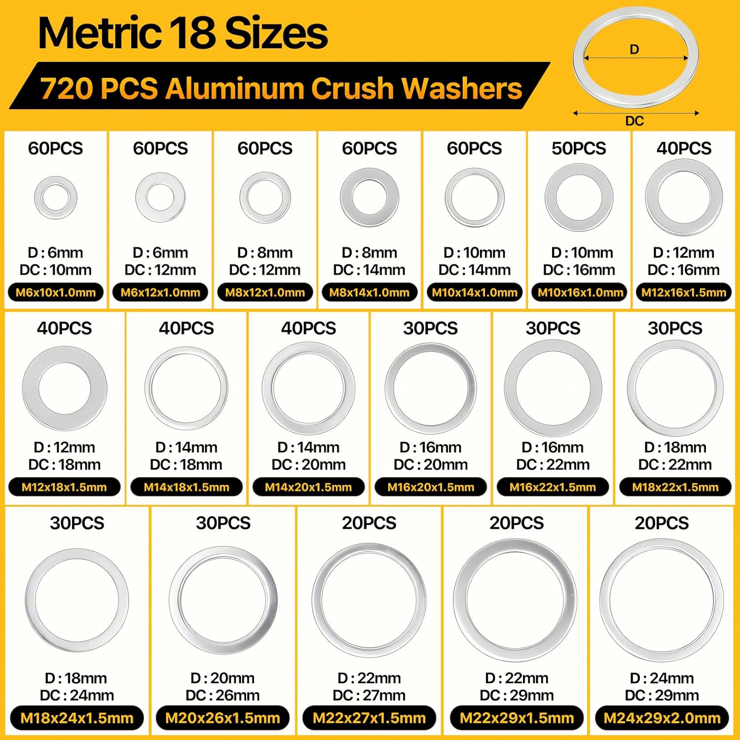 720PCS Crush Washer Kit, Aluminum Oil Drain Plug Gasket Assortment | 18 Sizes Cr