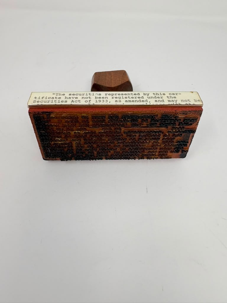 Vintage Wood Handle Rubber Stamp Securities Act of 1933 Stock Certificate Legal