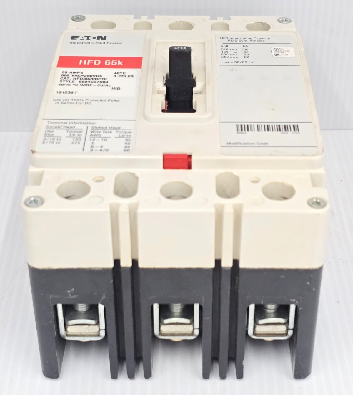 Eaton 20 Amp Industrial Circuit Breaker 600 VAC 3 Pole 100 kA HFD3020BP10