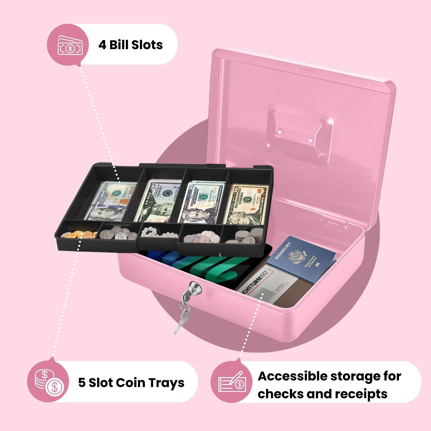 Cash Box with Money Tray, 2 Keys, Security Lock Box w/ Removable 9 Compartment