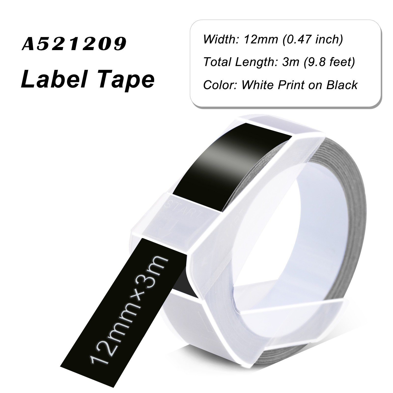 2PK For DYMO 3D Embossing Label Tape Organizer Xpress A521209 White/Black 12mm