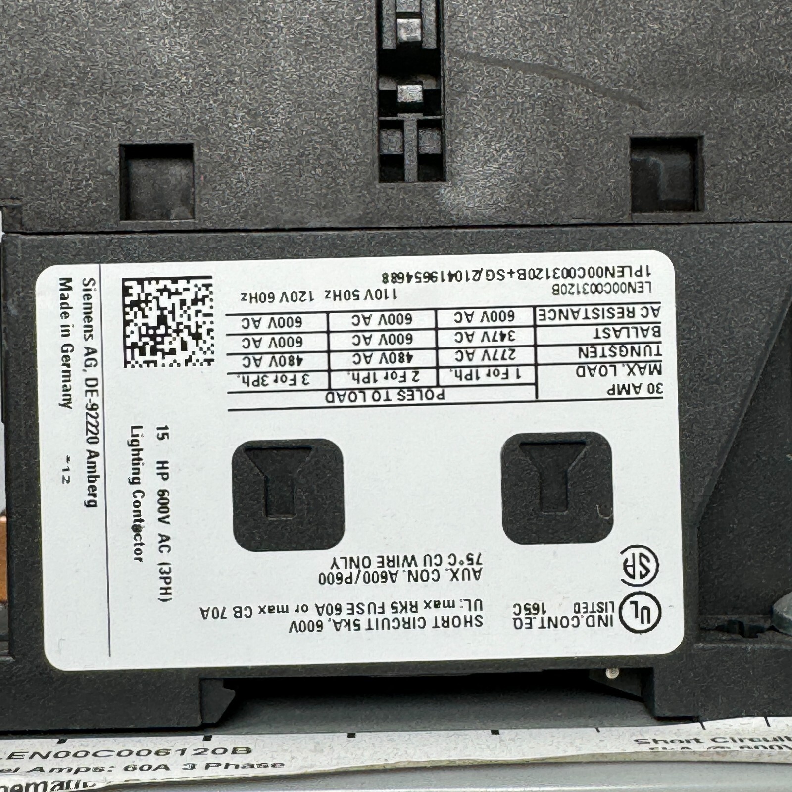 Siemens LEN00C006120B Lighting Contactor 6 Poles 60A 3 Phase 600V Germany