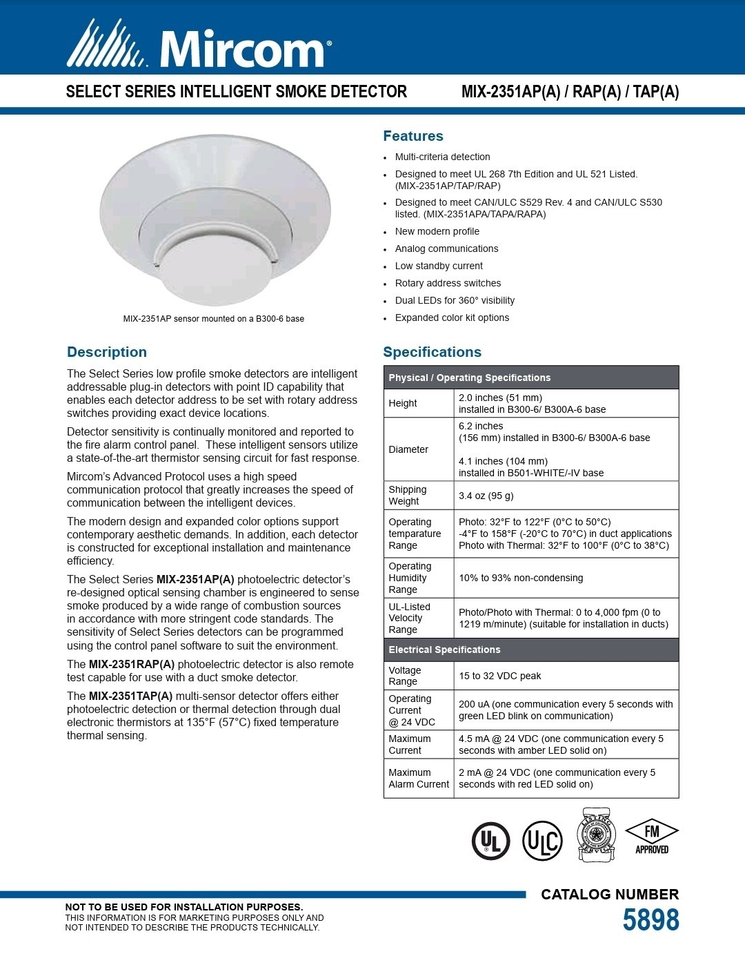 MIRCOM MIX-2351AP ADVANCED PROTOCOL PHOTOELECTRIC SMOKE DETECTOR – NEW 60 AVAIL.