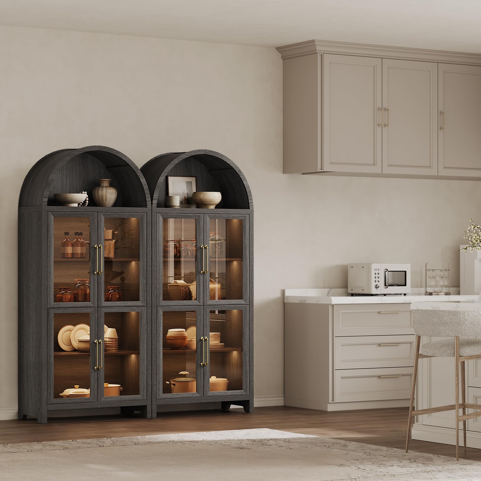 74 Arched Bookcase Glass Door 5-Tier w/LED Motion Sensor Dark Grey Oak 2PC