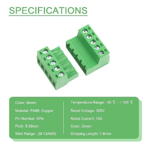 5 Pin 5.08mm Pitch Screw Terminal Block Connector Pluggable Phoenix Plug 28