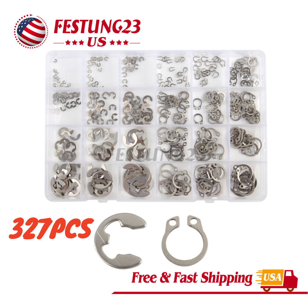 327Pcs Stainless Steel E-Clip C-Clips Circlip Kits Retaining Ring Assortment Set