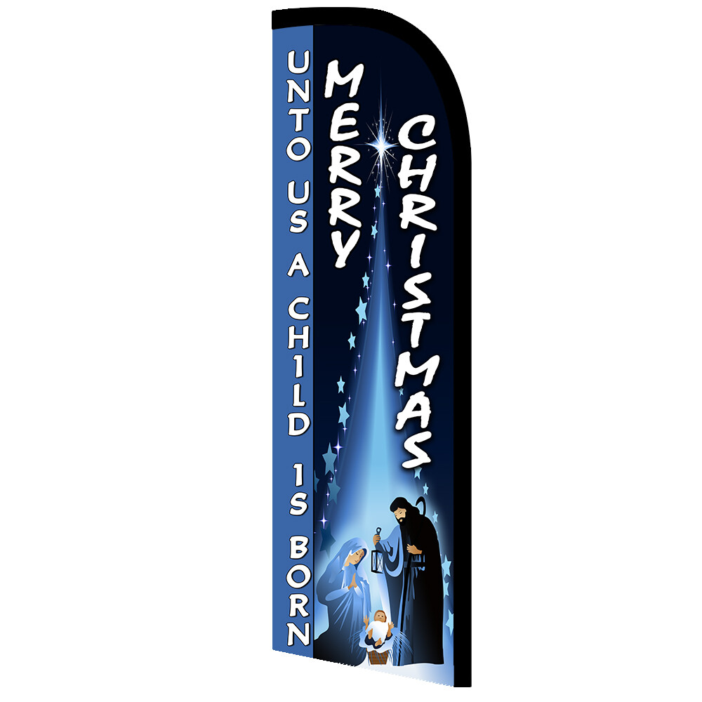 MERRY CHRISTMAS (Unto Us…) Windless Polyknit Feather Flag (3 x 11.5 feet)