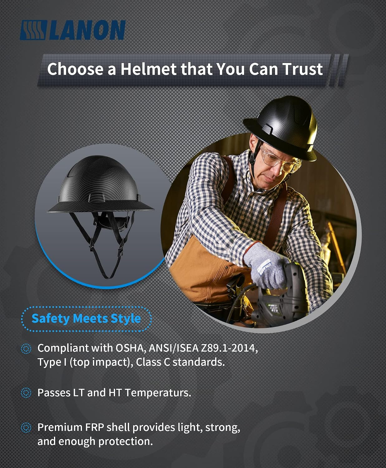 LANON Full Brim Hard Hat, OSHA Construction Work Approved, Premium Grey Dots Des