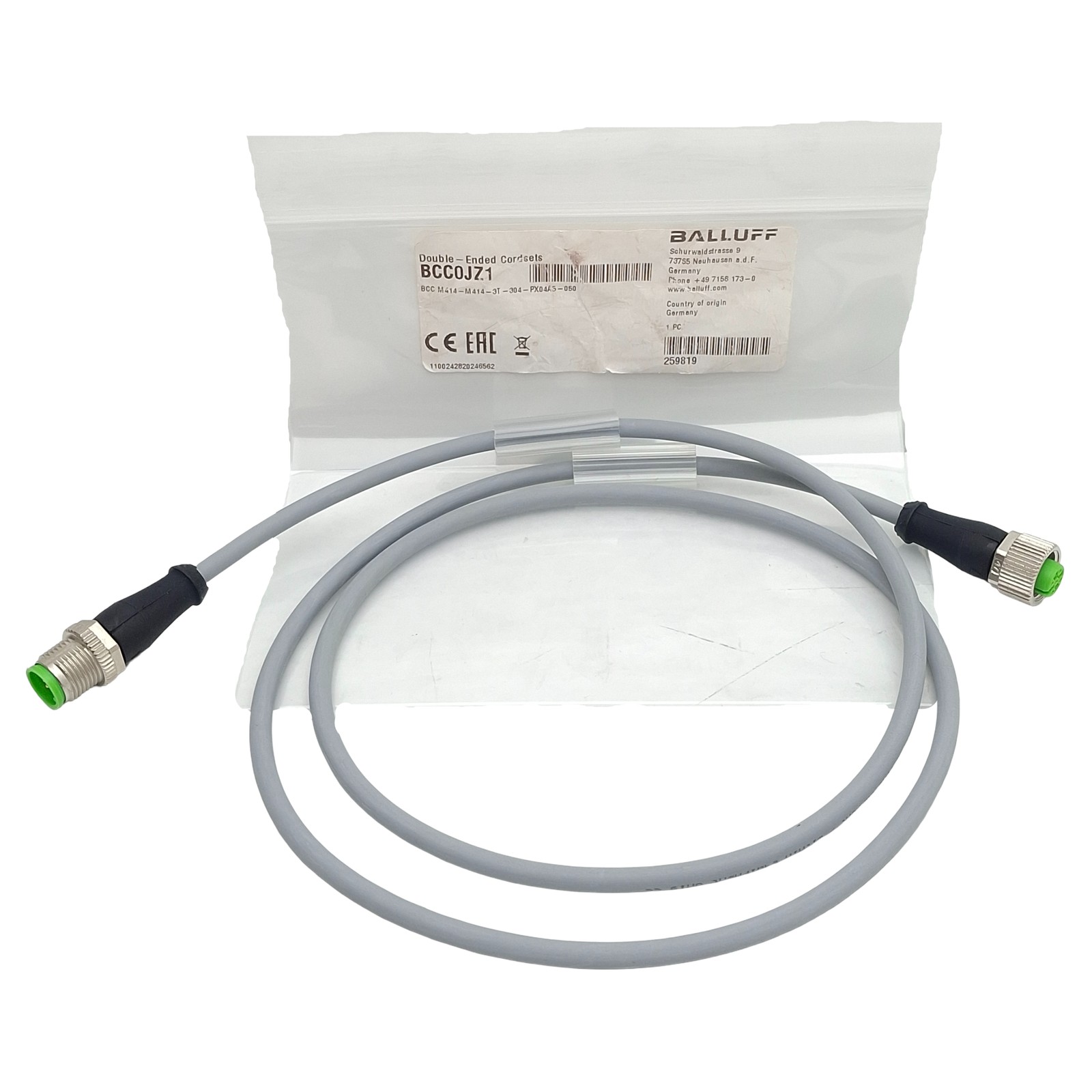 Balluff BCC0JZ1 Cordset, 4-Pin M12 Male x 4-Pin M12 Female, 12A 63VAC/DC, 1m